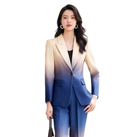 Newest Fashion 2024 Designer Suit Set Women's Gradient Color Printed Single Button Blazer Flare Pants Suit