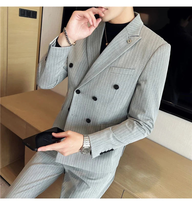 (Jacket + Vest + Pants)Three Piece Set Men Blazers Set stripe Suits Busines Casual Slim Fit Formal Dress Groom Tuxedo Wedding