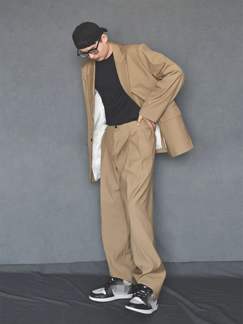 Mens Fashion Matching Set Loose Fit Single Breasted Blazers Straight Pants Business Casual Office Work Outfits Oversize Suits