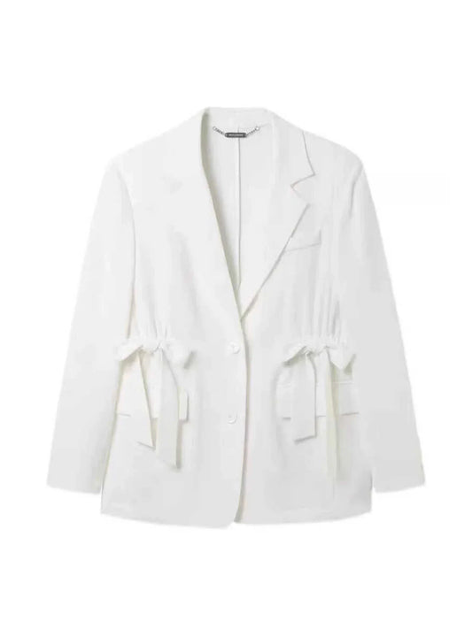 Women White Bow Fitted Blazer Jacket Harajuku 2000s Long Sleeve Single Breasted Suit Coat Vintage Outerwear Top Clothes Autumn