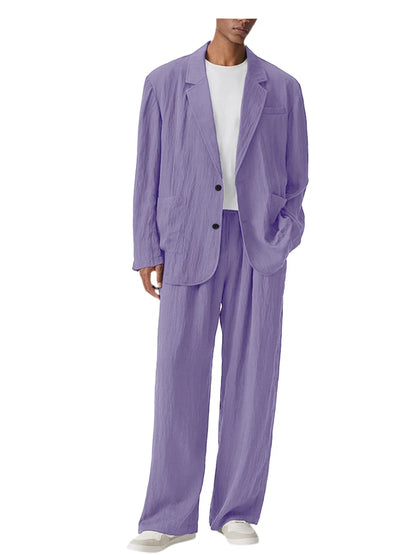 Men's Linen Blend Wrinkled Two Piece Suit Loose Two Button Blazer Wide Leg Trousers Casual Vacation Daily Soft Breathable Outfit