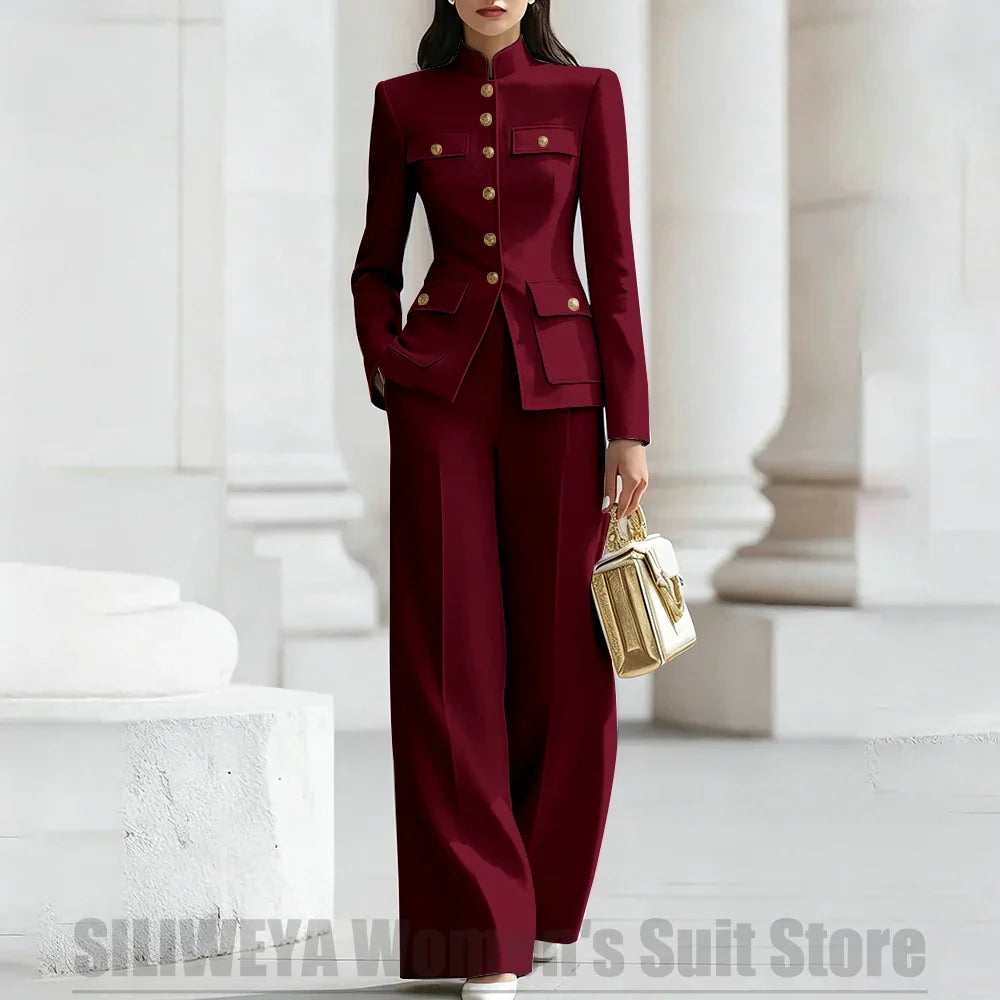 Women's Ivory Suit Mandarin Collar 2 Piece Military Style Gold Buttons Blazer Wide Leg Pants Wedding Party Prom Lady Suits