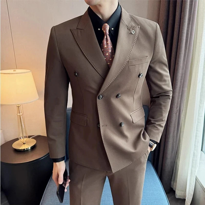 Men's Double Breasted Slim Fit Suit Set – Wedding & Smart Casual – Navy Blue, Brown, Black