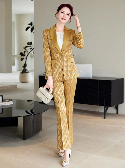 Office Ladies Formal Pant Suit 2 Piece Set Women Yellow Pink Female Long Sleeve Business Work Wear Blazer Jacket And Trouser