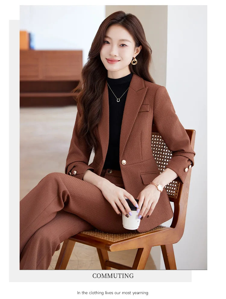 Casual Blazer Suits for Women Office Wear Long Sleeve Single Button Jacket 2 Pieces Set Chic Fashion Pant Suits Elegant Ladies