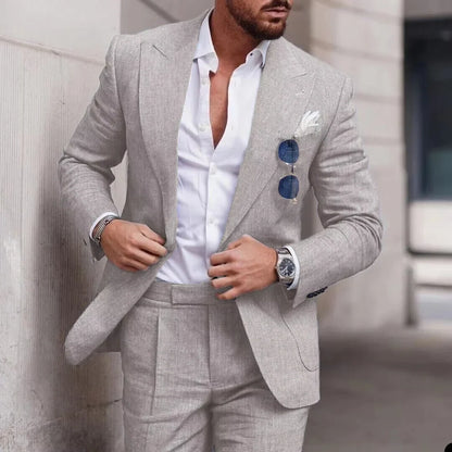 Men's 2-Piece Linen Suit – Slim Fit Notch Lapel Blazer & Trousers for Wedding, Business & Formal Occasions