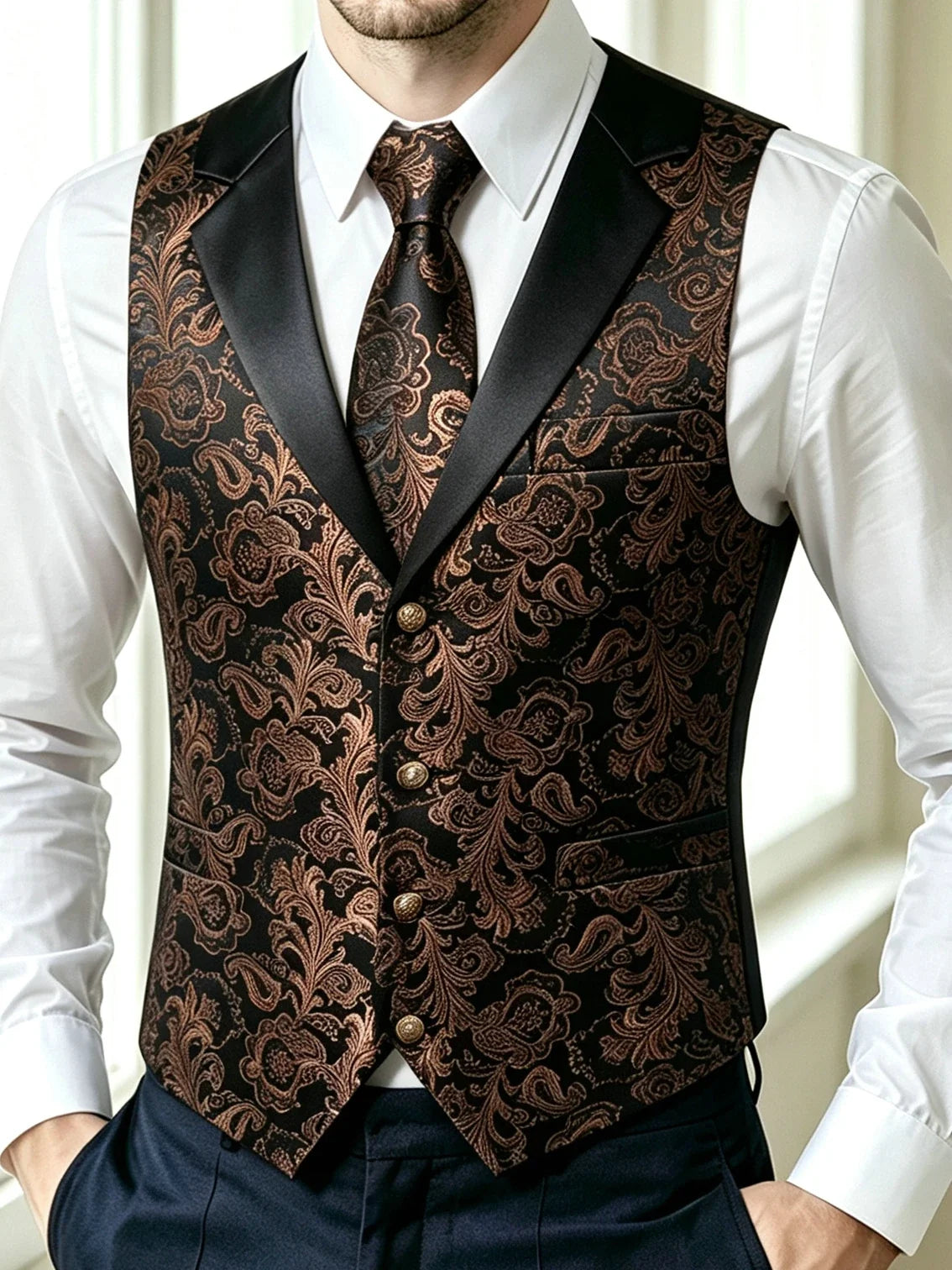 Men's Jacquard Floral Vest & Bowtie Set for Wedding & Formal Events – Yellow