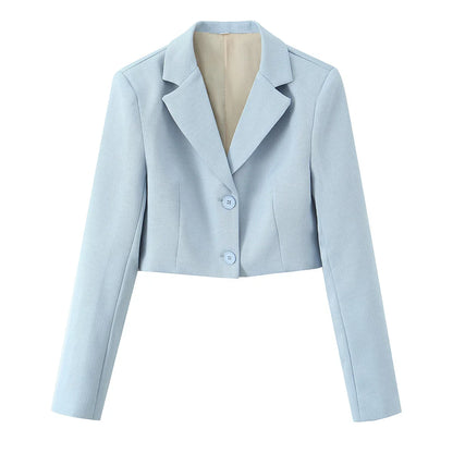 Spring Commuter Style Short Blue Suit Jacket Women's Fashionable Versatile Single Button Flip Collar Top Thin Long Sleeve