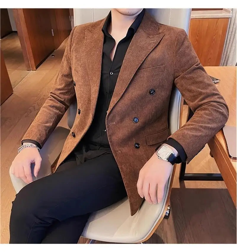 Autumn Winter Corduroy Suit Jacket Purple Man Suit Coat Solid color Double breasted slim fit Suit Man tops
