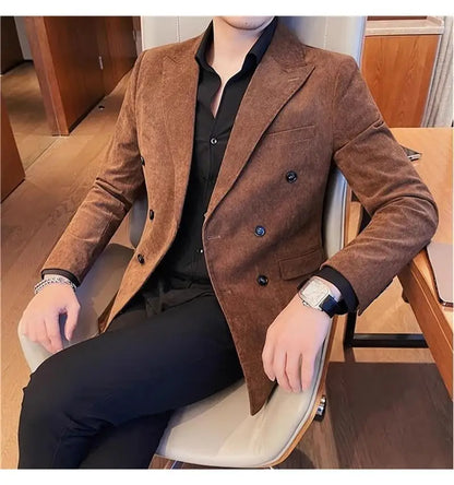 Autumn Winter Corduroy Suit Jacket Purple Man Suit Coat Solid color Double breasted slim fit Suit Man tops