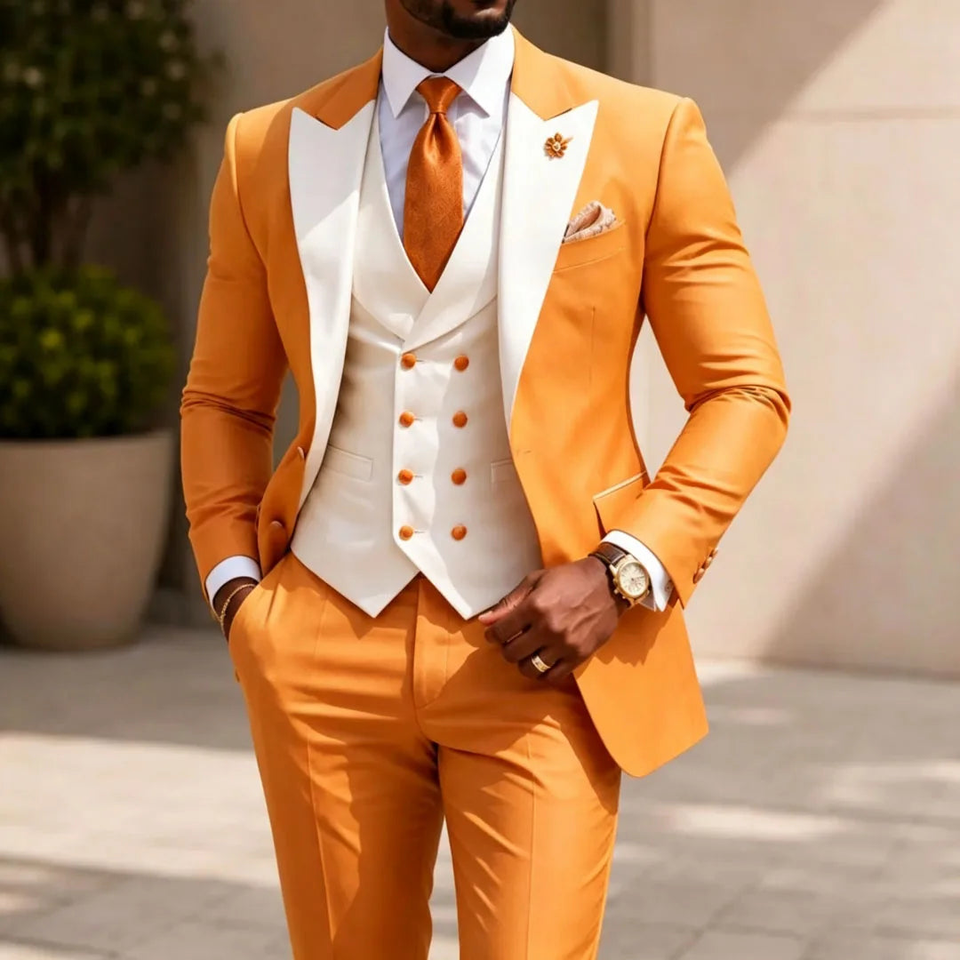 Men Suit Yellow 3 Pieces White Vest With Lapel For Wedding Birthday Banquet Prom Party Business Work Office Jacket Vest Pants