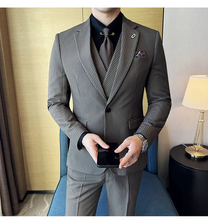 (Jackets+Pants+Vest) Luxury Stripe Men Suit Korean Version Fashion Elegant Slim Fit Tuxedo Formal Groom Wedding Social Suits