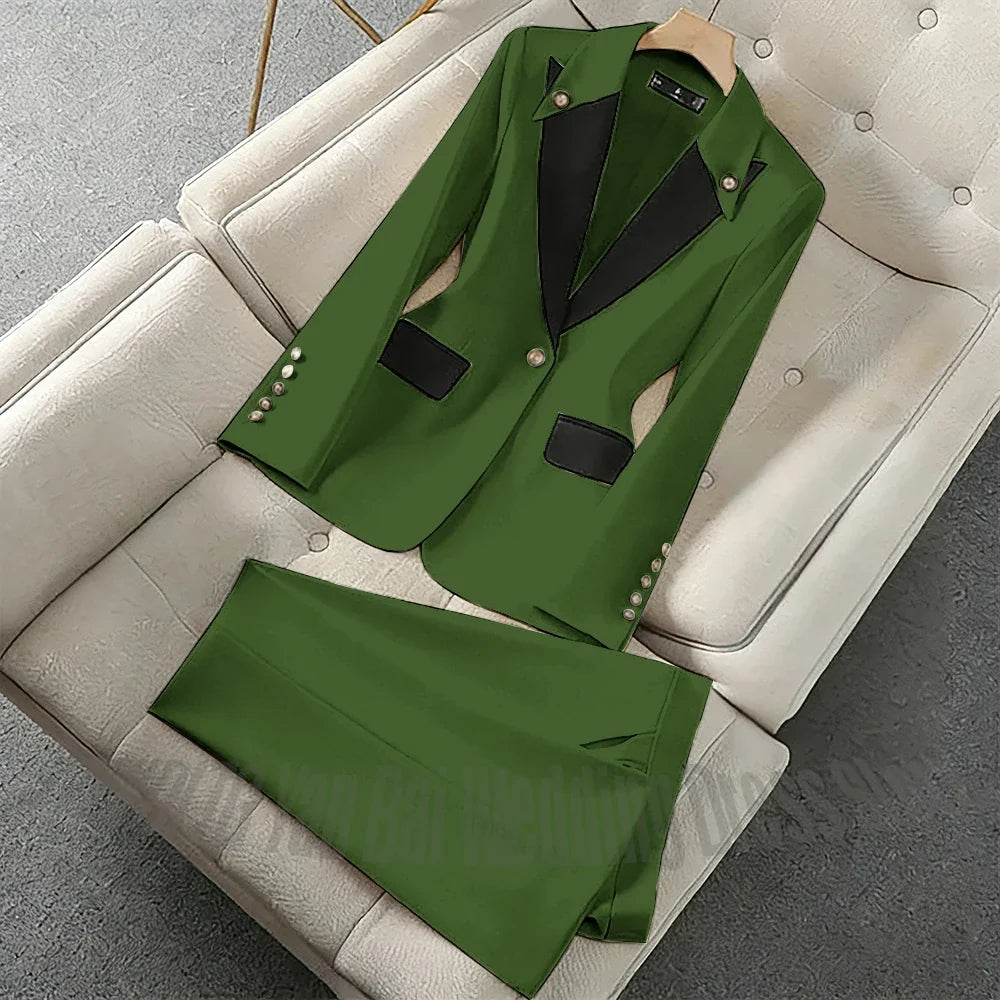 New Unique Women Pant Suit Contrast Color Modern Outfit One-Button Peaked Lapel Casual Fashion Daily Female Clothes Set 2 Piece