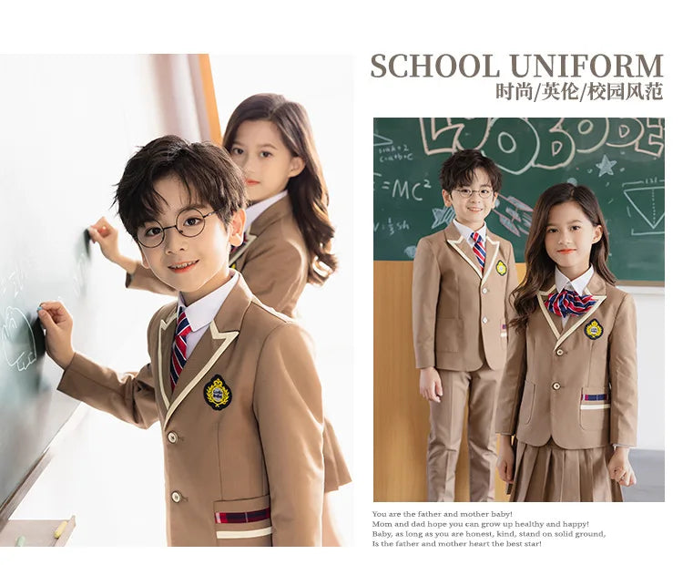 Boys School Uniform Girls Jacket Khaki Skirt Shirt Tie Suits Kids Formal Dress Tuxedo Toddler Clothes Sets Child Student Outfits