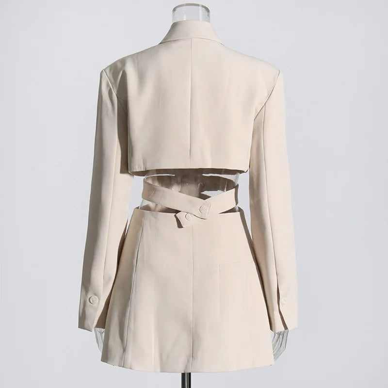 Women's Blazer Elegant Stylish Hollow Out Expose Waist Design Solid Color Patchwork Long-sleeved Slim Fit Suit-Coat HK28002