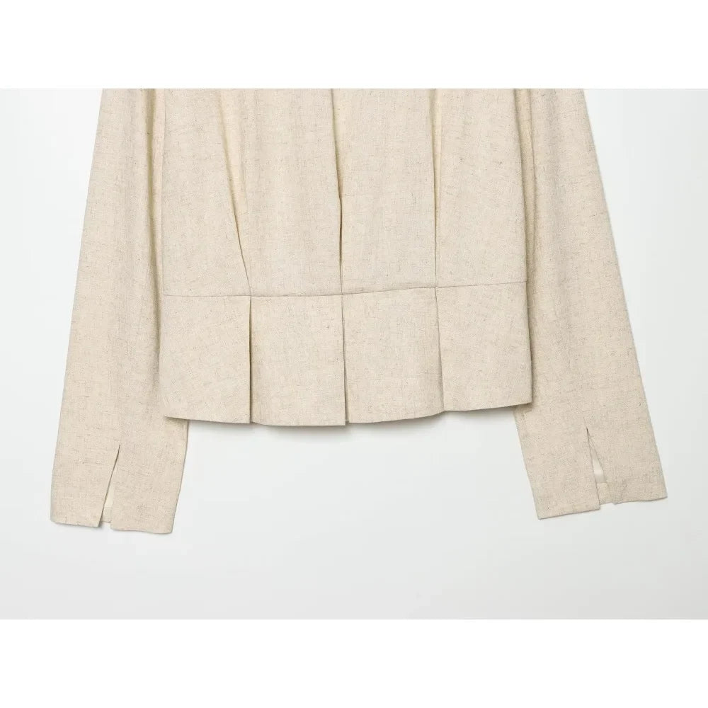 Stylish Commuting Style Pant Sets for Women Mandarin Collar & Long Sleeve Pleated Blazer Matching Topstitched Straight Leg Pants