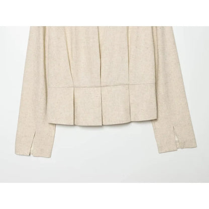 Stylish Commuting Style Pant Sets for Women Mandarin Collar & Long Sleeve Pleated Blazer Matching Topstitched Straight Leg Pants