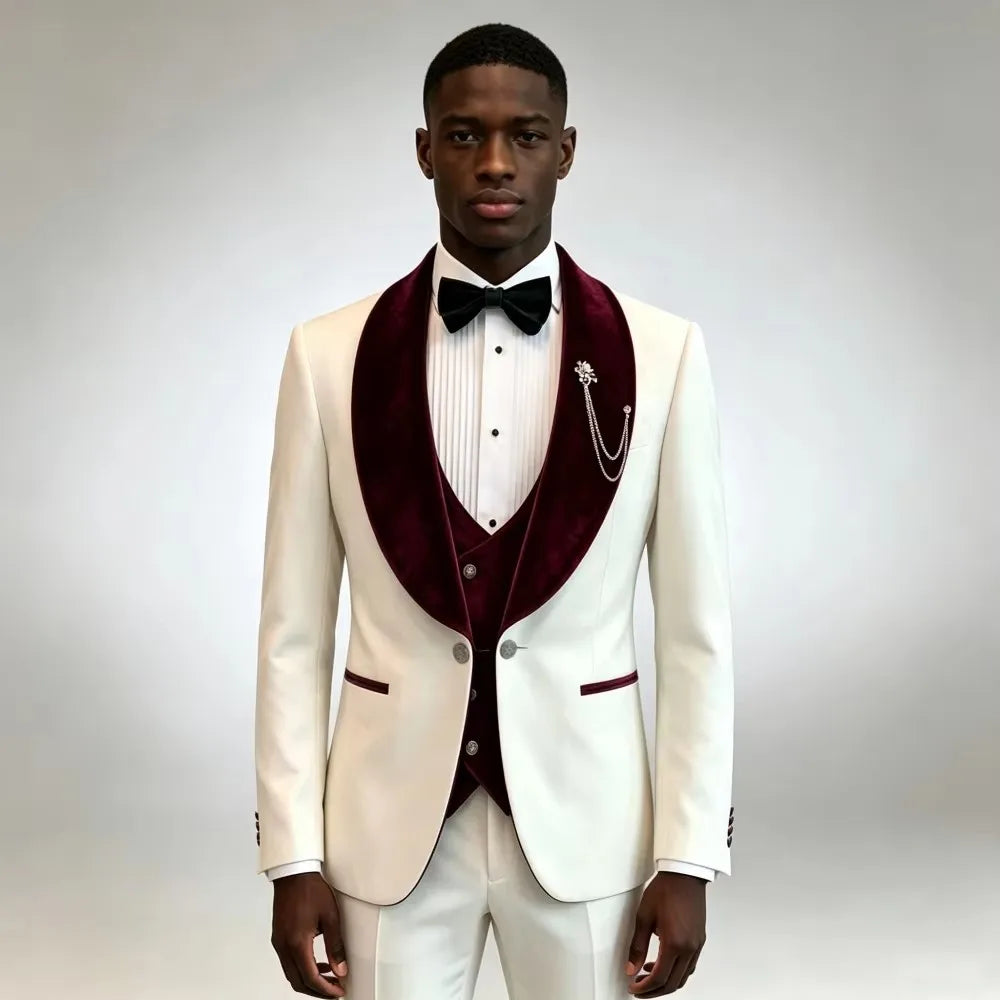 Costume de smoking 3 pièces ivoire pour homme coupe ajustée formel, ensemble de vêtements de mariage et d'affaires pour homme avec blazer, gilet et pantalon à revers châle en velours