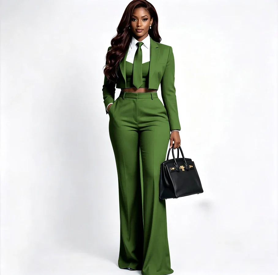 Sharp Women's Burgundy Suit Tailored Cropped Jacket+Wide Leg Pants 2 Piece Set Formal Evening Party Female Clothing