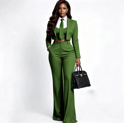 Sharp Women's Burgundy Suit Tailored Cropped Jacket+Wide Leg Pants 2 Piece Set Formal Evening Party Female Clothing