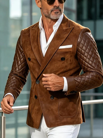 Men's Slim Fit Business Blazer Double Breasted Suede Quilted Sleeve Formal Business Suit Jacket Party Work Winter Outerwear