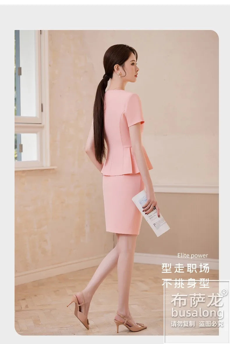 2025Summer Blue Short Sleeve Blazer Suit Professional Women's Skirt Set Short Skirt Elegant Fashion Formal Workwear