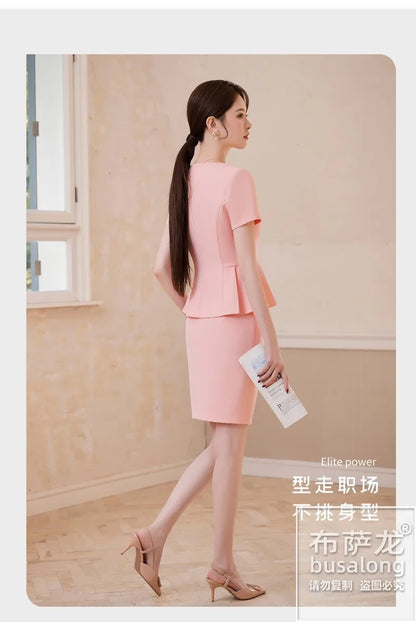 2025Summer Blue Short Sleeve Blazer Suit Professional Women's Skirt Set Short Skirt Elegant Fashion Formal Workwear