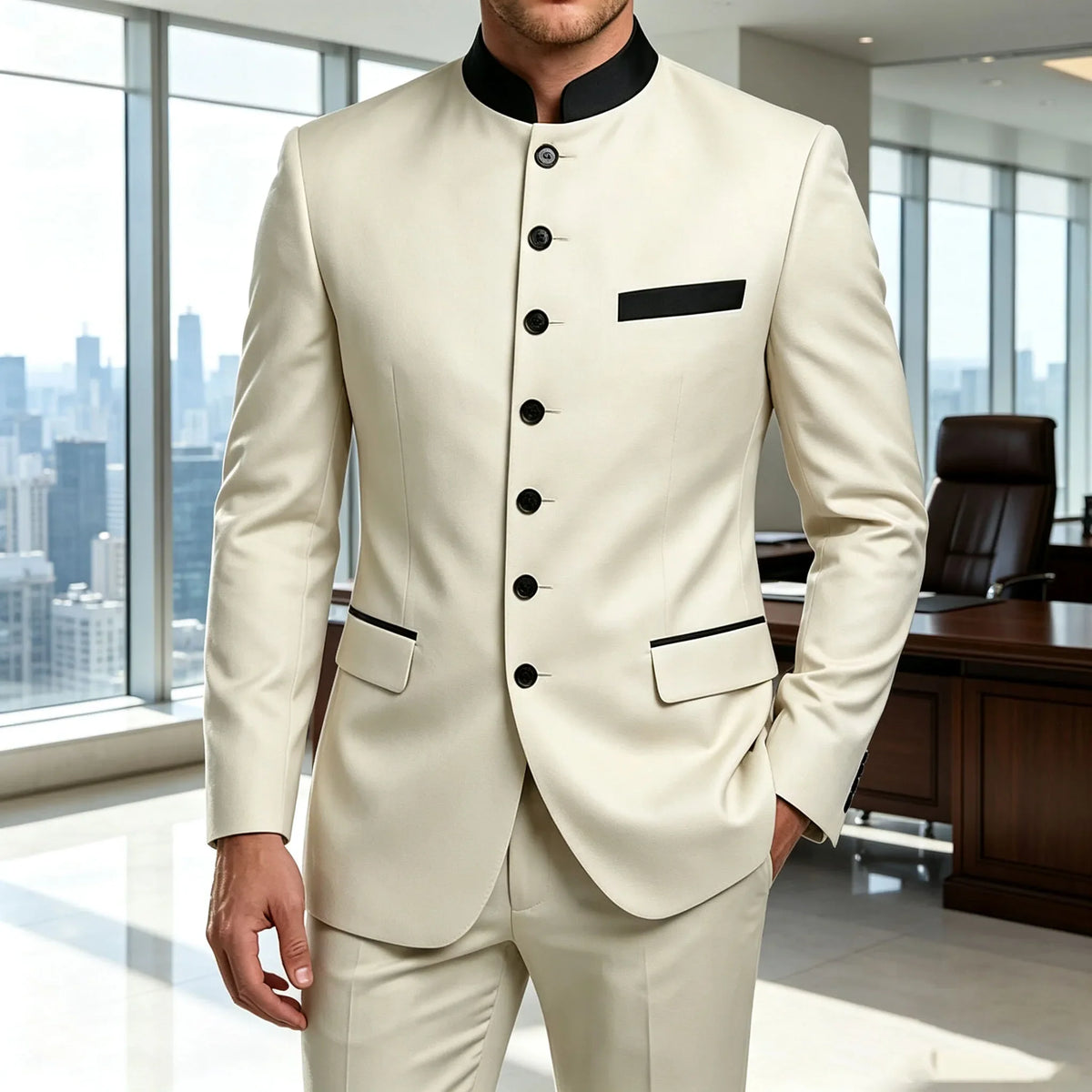 Men's 2-Piece Serge Suit Mandarin Collar Slim Fit Formal Set for Weddings and Business