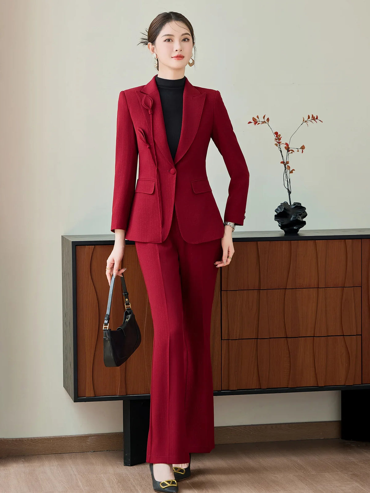 High End Khaki Elegant Fashion Two Piece Set Fashion Women Slim Single Button Blazer And Flare Pant Office Lady Work Wear