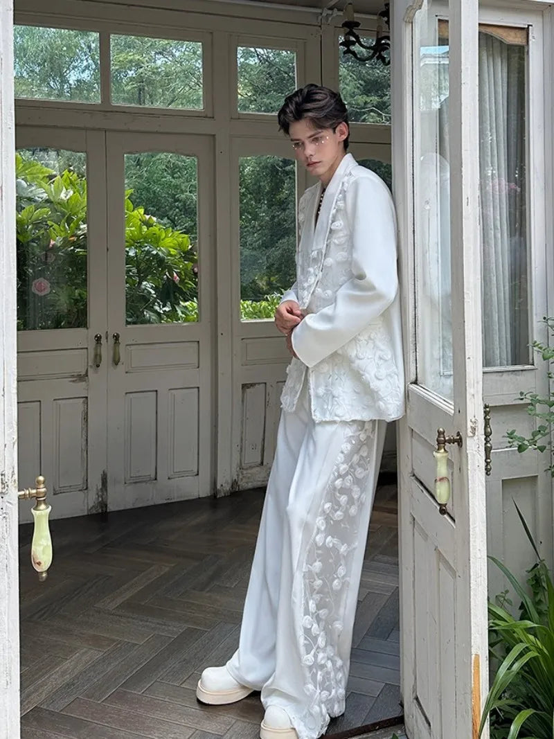 Mens Spliced Flowers Suit Jacket Wide Leg Pants Two Piece Set Loose Fit Spring Summer Designer Elegant Fashion Banquet Suits Set