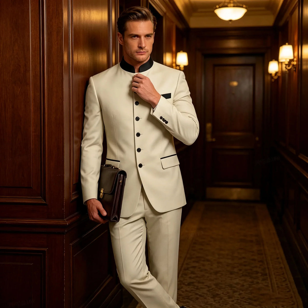 Men's 2-Piece Serge Suit Mandarin Collar Slim Fit Formal Set for Weddings and Business