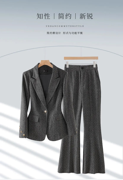 Fashion Women Suits 2024 New Autumn Winter Temprament Business Formal Slim Blazer And Flare Pants Office Ladies Work Wear