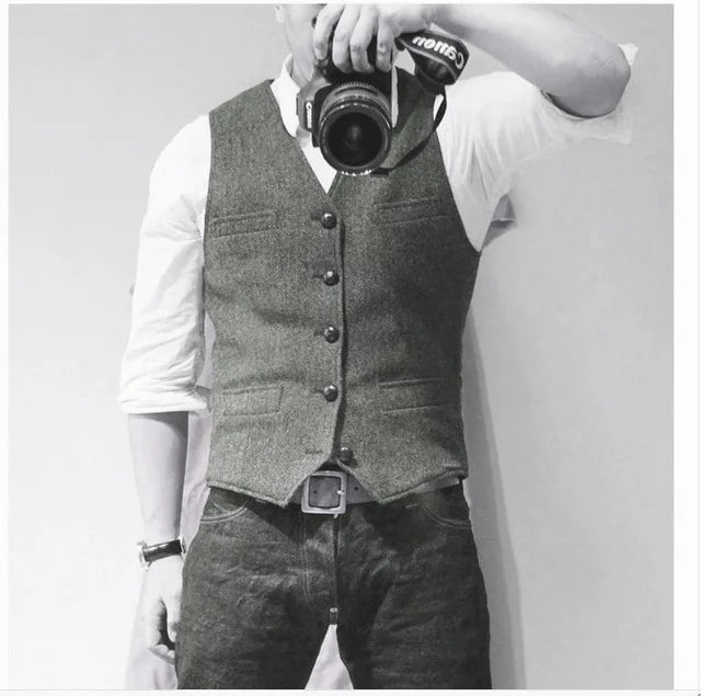 Men's Waistcoat Herringbone Wool Blend V-Neck Single Breasted Vest for Weddings and Smart Casual