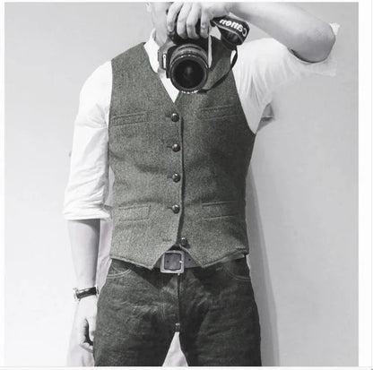Men's Waistcoat Herringbone Wool Blend V-Neck Single Breasted Vest for Weddings and Smart Casual