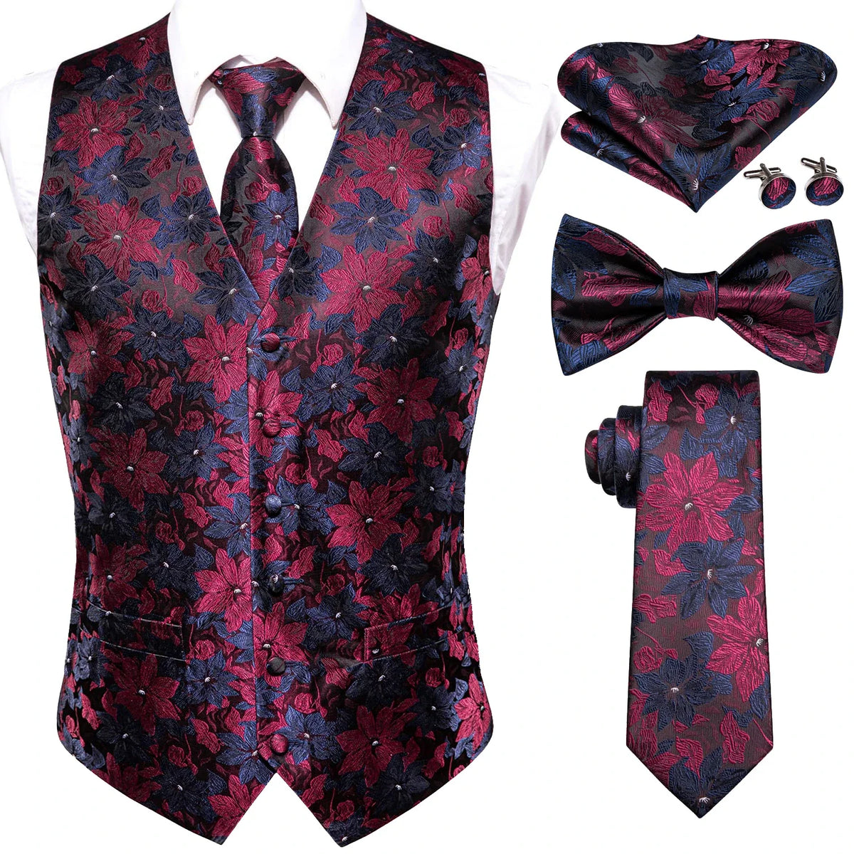 Men's Suit Vest Set – Broadcloth Waistcoat with Tie, Bowtie, Hanky & Cufflinks for Weddings & Office