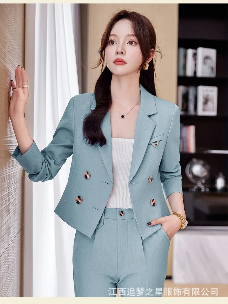 Blue Suit Women 2024 New Spring High End Fashion Temperament Professional Short Blazer And Pants Sets Office Ladies Work Wear