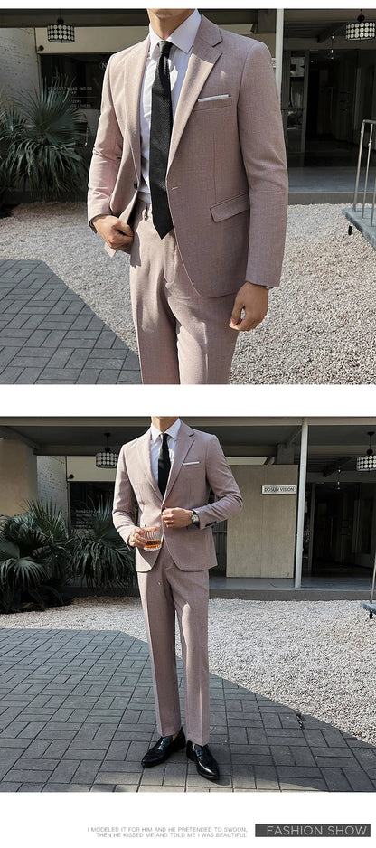 (Jacket +Pants) 2025 New Luxury Elegant Men's Suits 2 Piece Set Fashion Korean Casual Slim Fit Social Groom Wedding Tuxedo