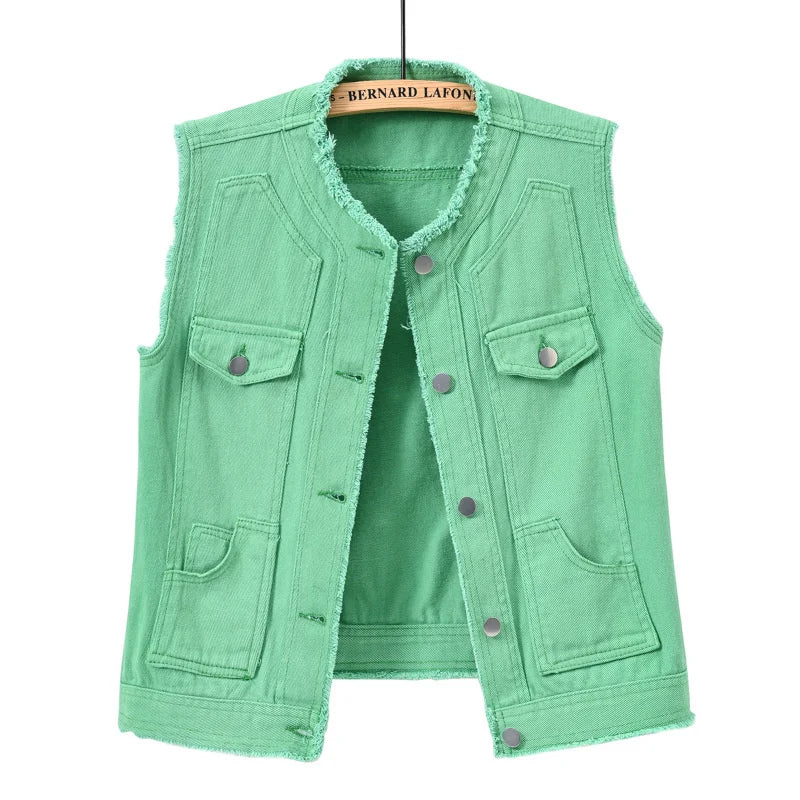 Autumn Women Denim Vests Sleeveless Waistcoat Students Casual Sleeveless Tops Jeans Jackets Pink Yellow White Orange Green 5XL