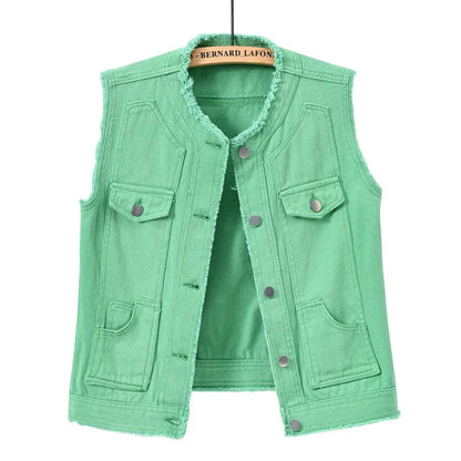 Autumn Women Denim Vests Sleeveless Waistcoat Students Casual Sleeveless Tops Jeans Jackets Pink Yellow White Orange Green 5XL