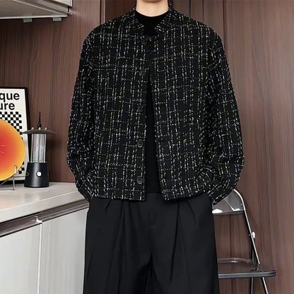 Men's Spring High-End Plaid Blazer Bad Boy Style Cropped Jacket Chinese Stand Collar Suit Outerwear