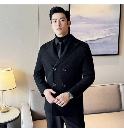 British Style Winter Double Breasted Woolen Suit Jackets Men Thick Warm Wedding Business Blazers Solid Color Casual Dress Coat