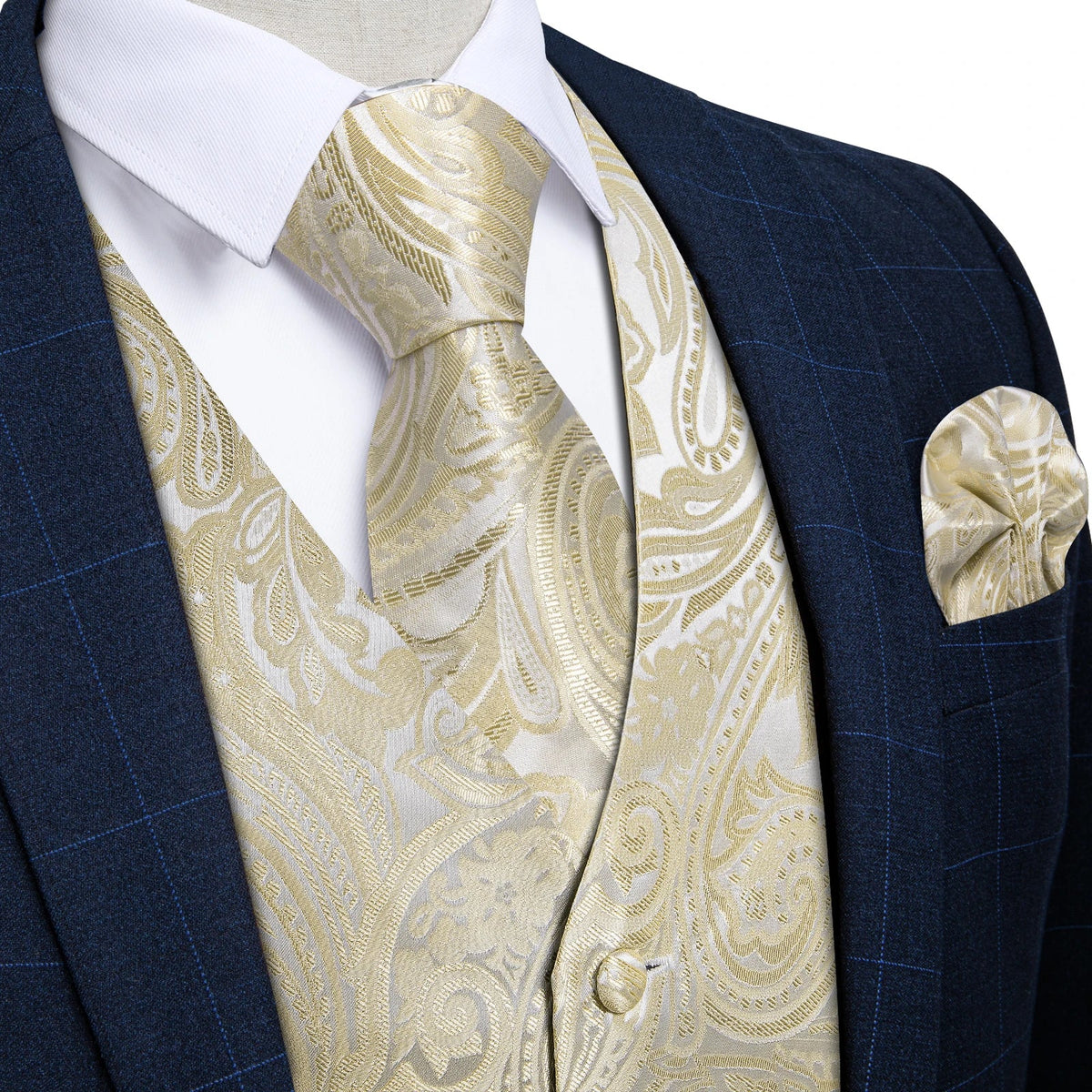 Men's Suit Vest & Tie Set – Champagne Golden Paisley Formal Waistcoat for Weddings & Business Events