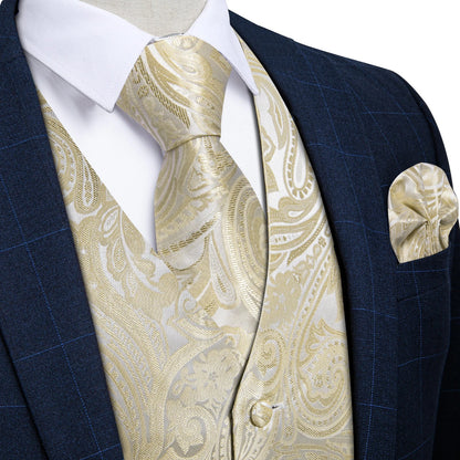 Men's Suit Vest & Tie Set – Champagne Golden Paisley Formal Waistcoat for Weddings & Business Events