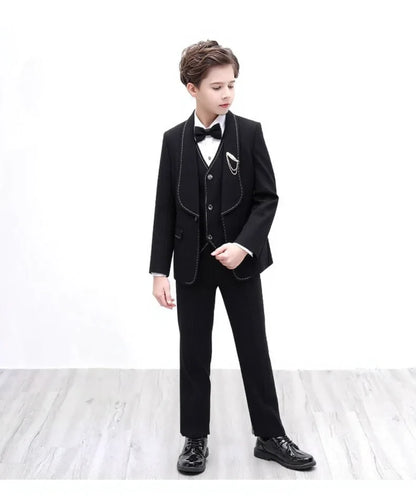 Kids Spring Autumn 5Pieces Suit Set With Jacket Vest Pants Bowtie Brooch Boys Wedding Birthday Party Performance Costume