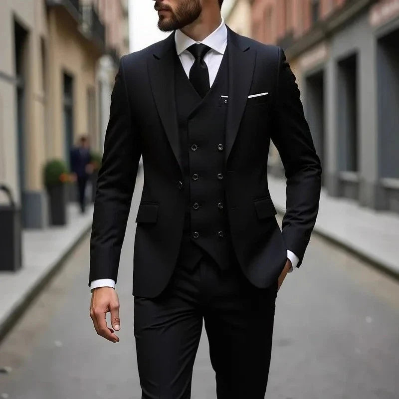 Solid Business Mens Suits Wedding Tuxedos Fashion Groom Outfit Slim Fit Peaked Lapel Prom Party Mens Suits(Jacket+Vest+Pants)