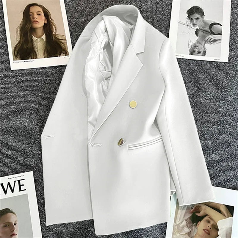 Women's Spring Autumn 2026 Commuter Style Small Suit Jacket Double Row Buttons White Versatile Polyester Fiber Fashion
