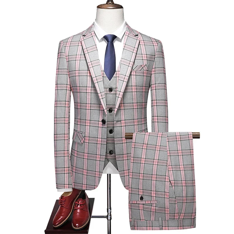 Men's Three-Piece Plaid Suit Set – Slim Fit Wedding & Business Formal with Vest and Trousers