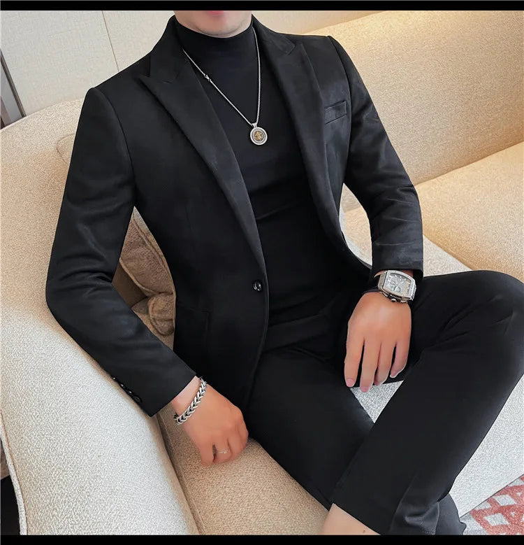 2024 Autumn Winter Men's Suede Suit Jacket High End Business Casual Blazers Slim Fit Wedding Groom Street Wear Social Dress Coat