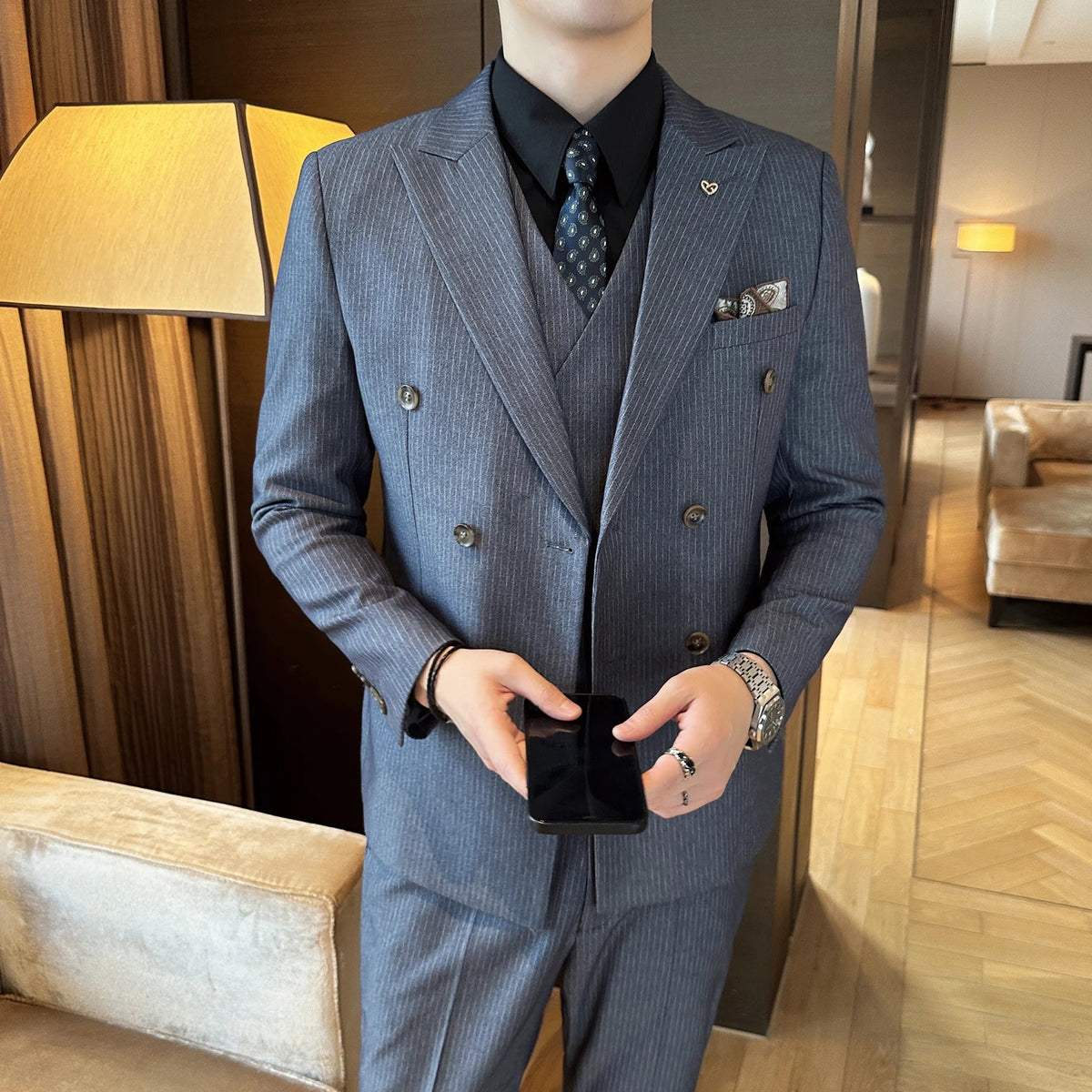 Men's Double Breasted Three Piece Wedding Suit – Slim Fit Smart Casual