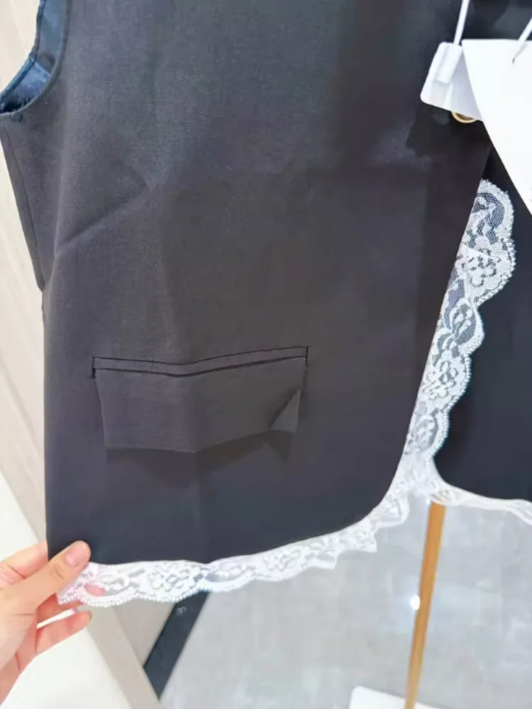 Fashion Loose Lace Patchwork Fake Two-piece Suit Vest Jacket Women's Korean  Spring  Autumn Sleeveless Top